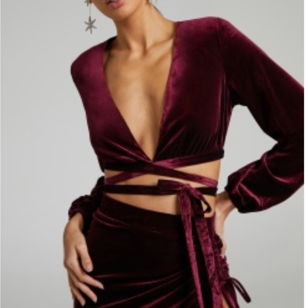Showpo Burgundy Velvet Tie-Front Blouse